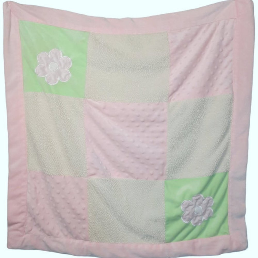 2010 Miniville Layette Floral Minky Dots Patchwork Squares Baby Blanket Lovey
